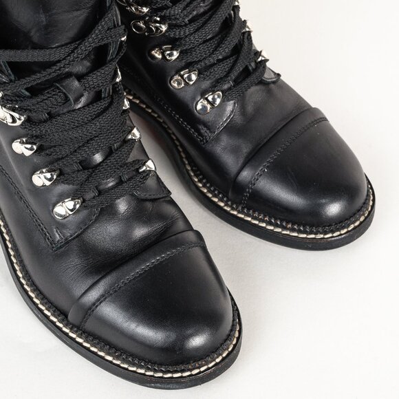 Chanel 15A Black Leather Tweed-Trim Lace-Up Short Boots, Size 6 - Picture 6 of 12